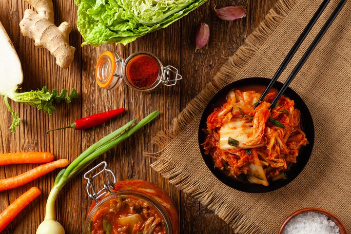 Kimchi cabbage. Perfect as an addition to dishes or eaten separately. Top view.